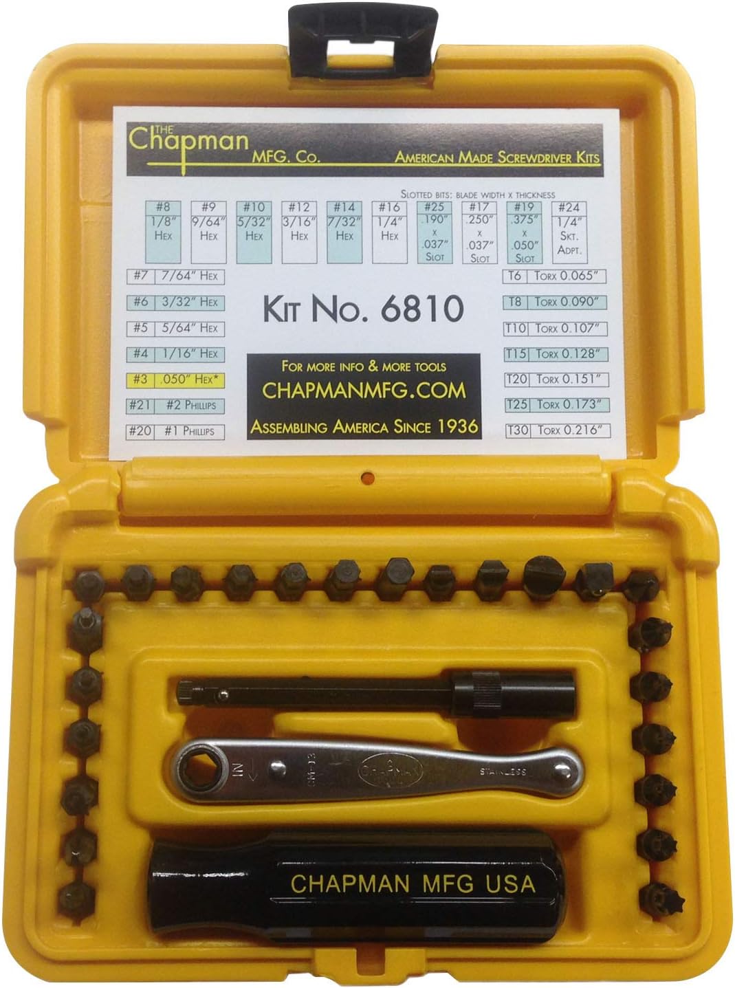 Chapman MFG 6810 Standard +Star Screwdriver Set - 27 Pieces - Includes Standard Allen Hex, Star, Phillips & Slotted Bits, Complete Set Offers 24 USA Made Insert Bits (Yellow Hard Case)
