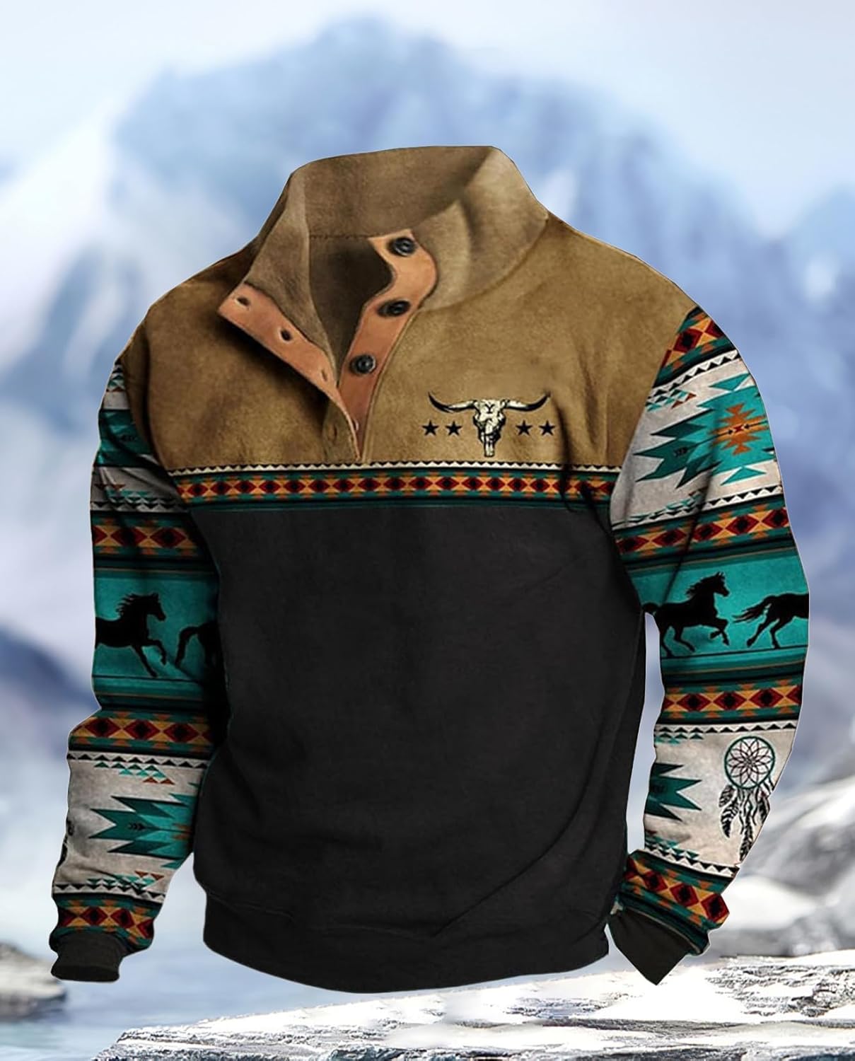 Western Sweatshirts for Men Aztec Ethnic Print Quarter Zip Pullover Fleece Hoodies Casual Stand Collar Sweatshirt - Image 3