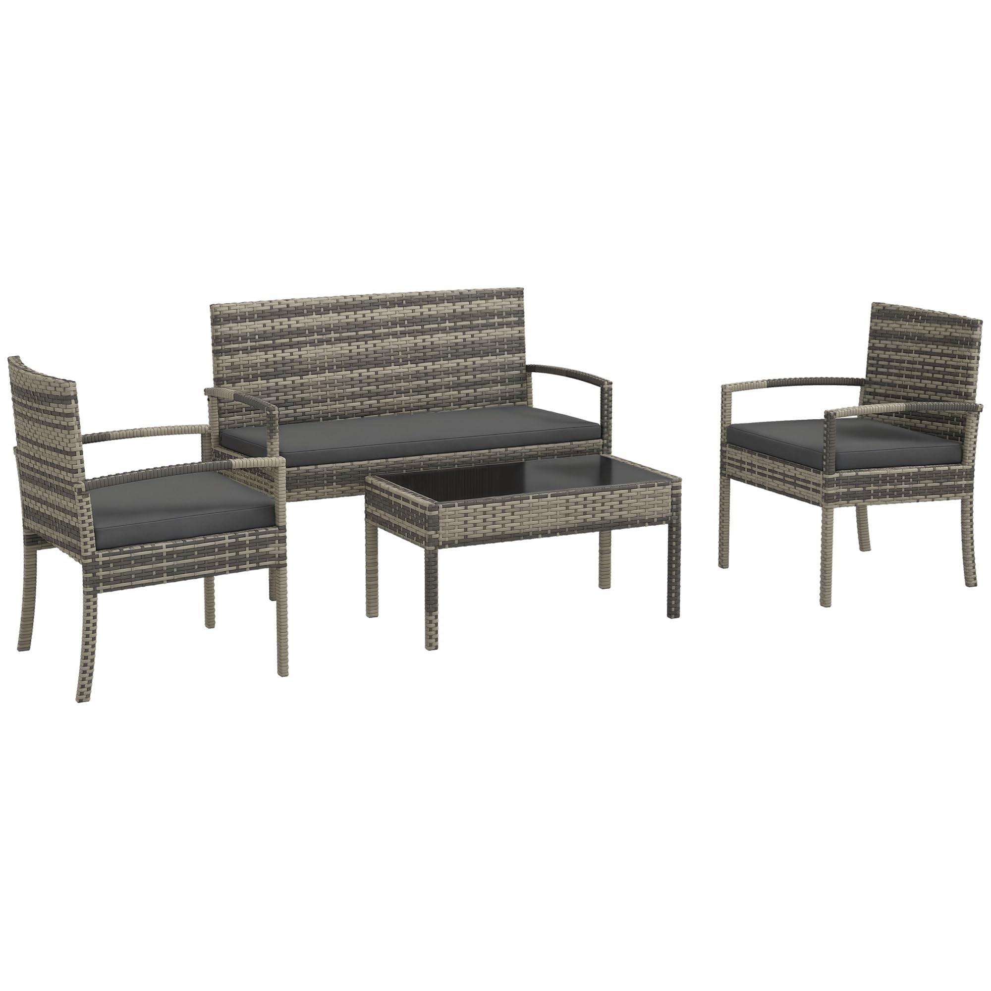 Outsunny Conjunto de Jardín de Ratán Sintético Juego de 4 Piezas Muebles de Jardín con 2 Sillones 1 Sofá de 2 Plazas y 1 Mesa de Centro de Tablero de Vidrio Anti-UV para Patio Gris