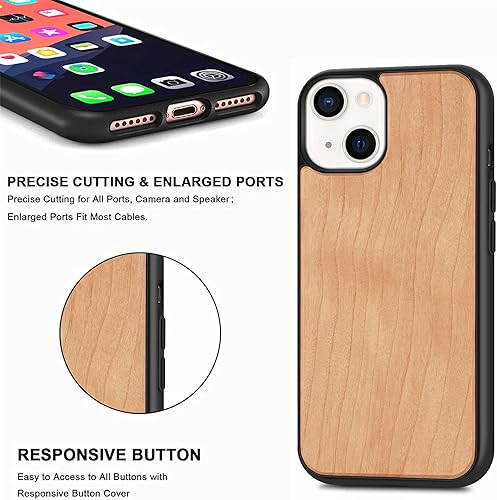 Miniatura 4 de Monwutong Funda delgada para iPhone 13 Mini, lujosa carcasa de madera natural de grano con prueba de caídas a prueba de golpes y protección de lente