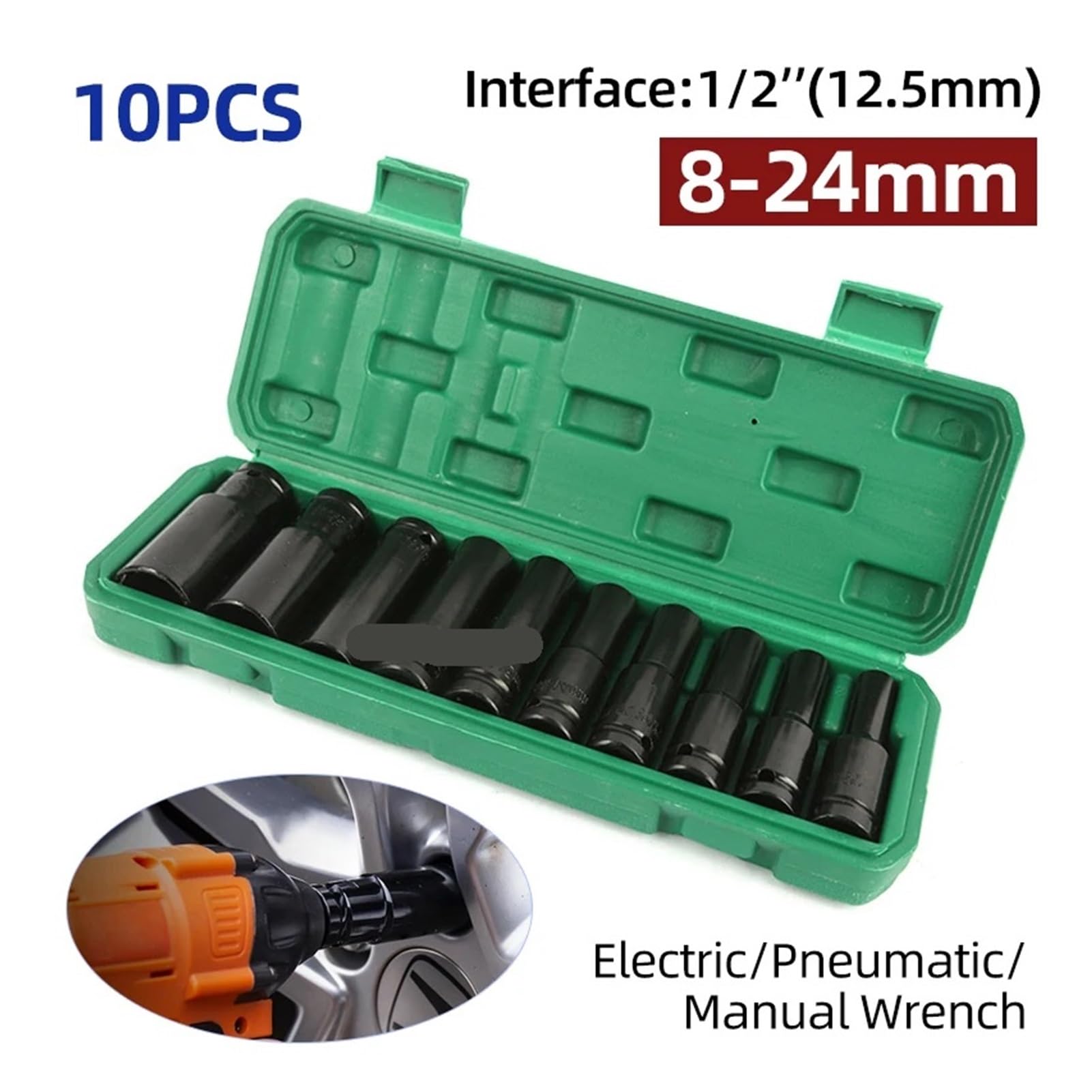 Juego de 10 vasos impacto, llave hexagonal 1/2", profundos 8-24 mm, cabezal neumática, herramientas mantenimiento for extracción neumáticos(8-17MM)