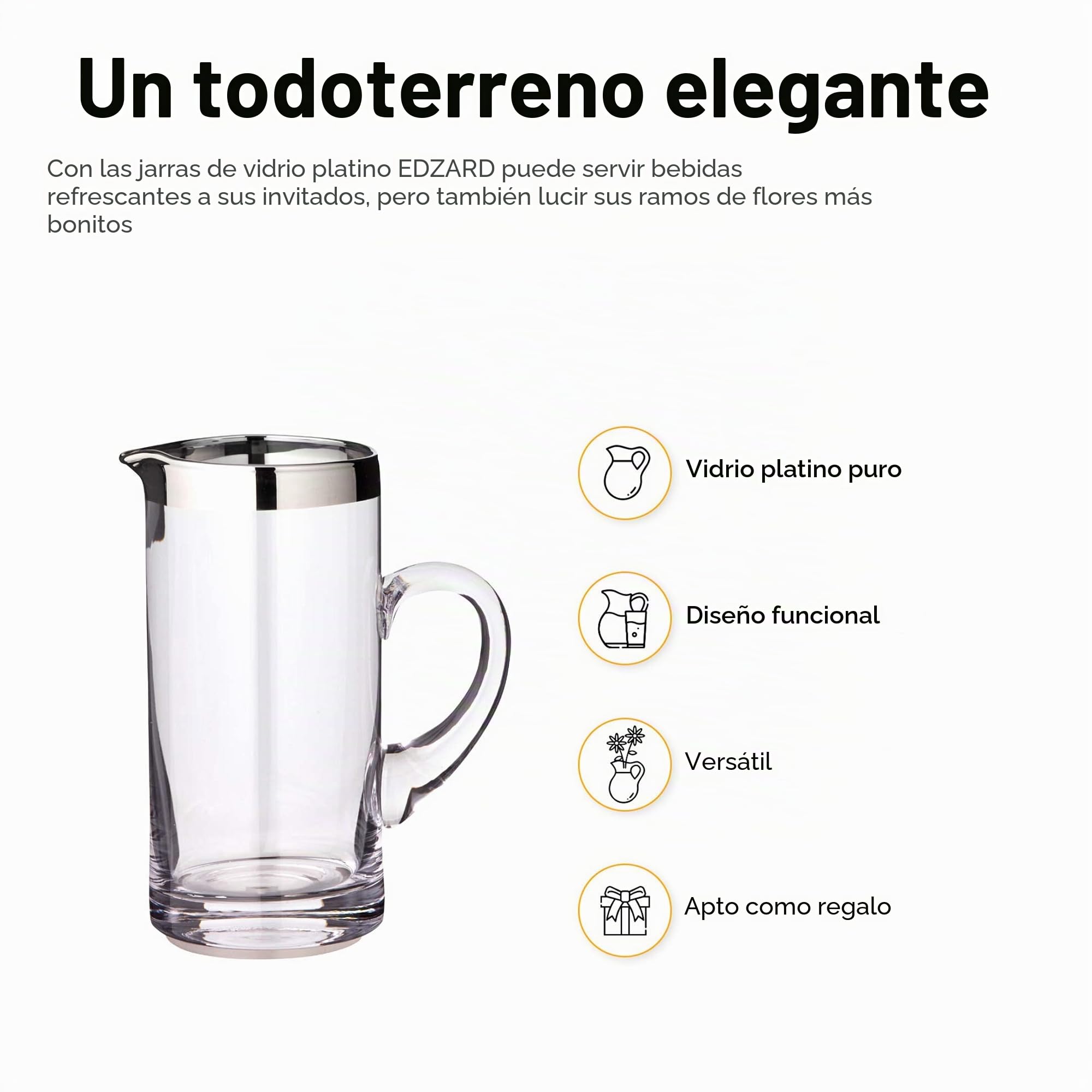 EDZARD Jarra Robert, vidrio soplado con borde de platino, altura 20 cm, capacidad 1 litro, cántaro, jug, taza, pitcher, jarron, para agua, zumo, té helado
