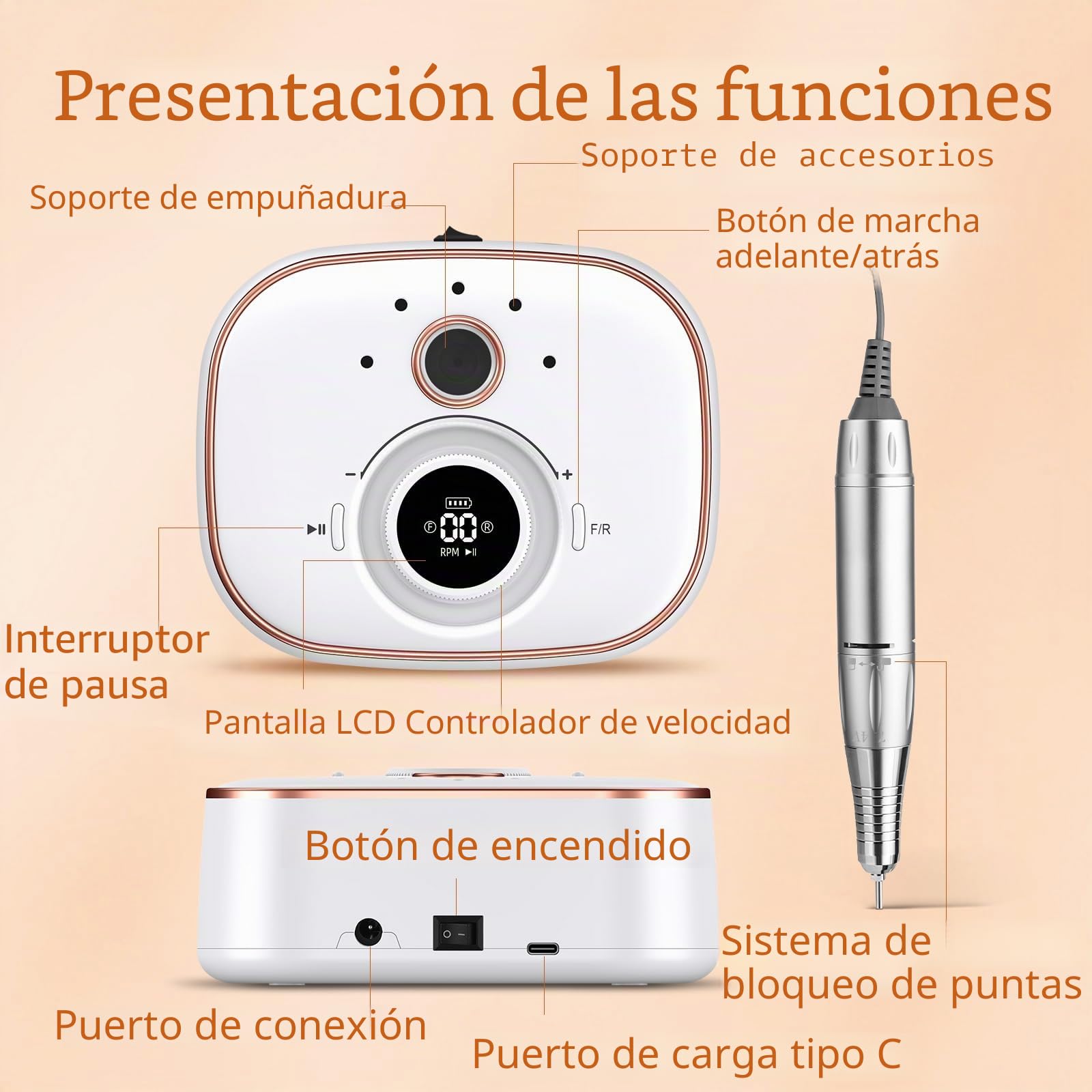 Torno para Uñas Profesional 35000 RPM: Torno para Uñas Eléctrica 13 en 1 Con BateríA de 4000 Mah – Limas de Uñas Profesionales para Manicura y Pedicura