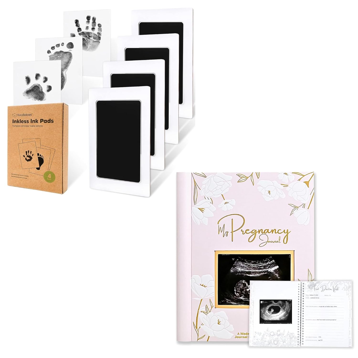 KeaBabies 4-Pack Inkless Hand and Baby Hand and Pregnancy Journal, Pregnancy Announcements - Ink Pad for Baby Hand and Footprints - 80 Pages Hard Cover Pregnancy Book for Mom to Be Gift