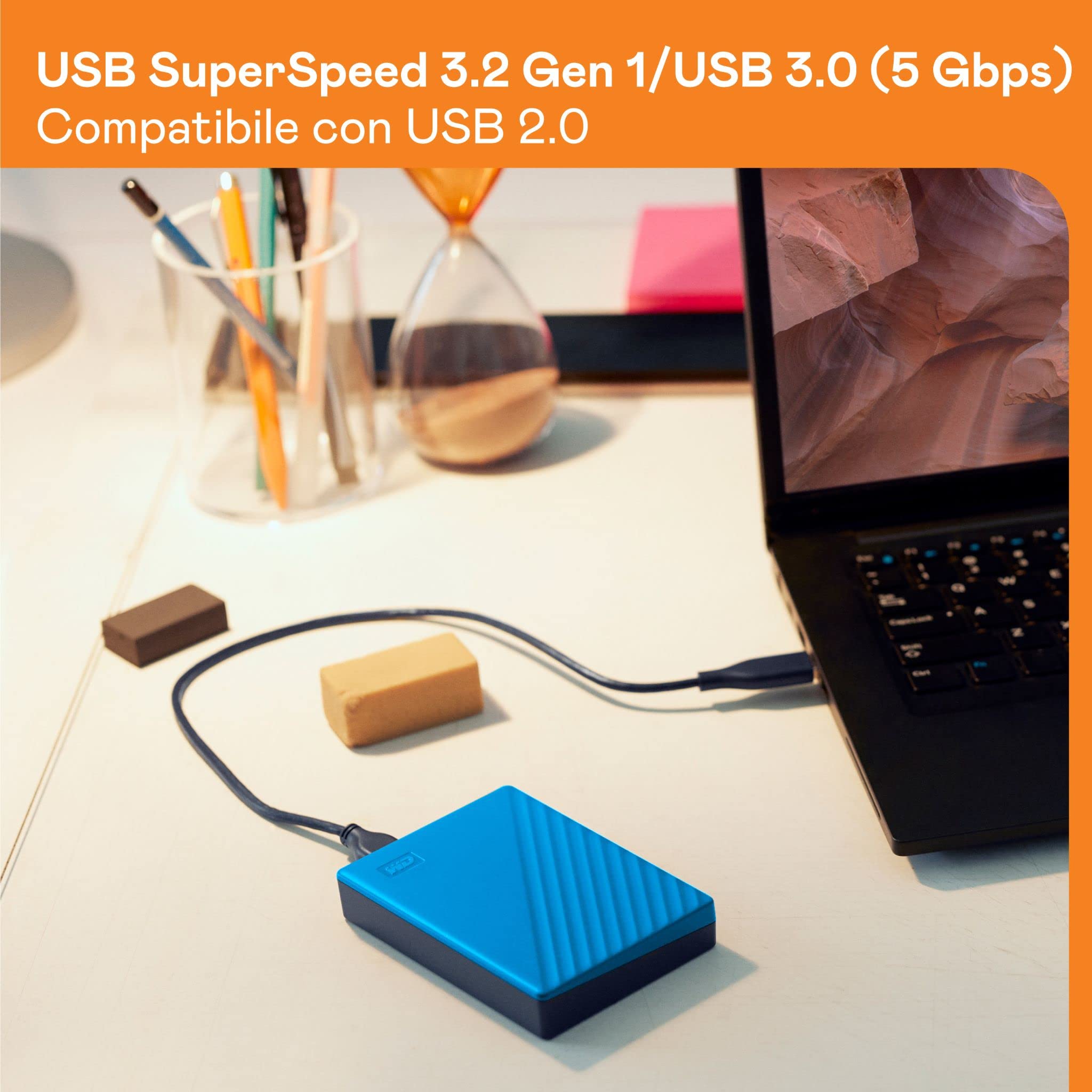 WD 2TB My Passport Hard Disk Esterno Portatile, USB 3.2 Gen 1/USB 3.0, Protezion con password, Software per la gestion e il backup, Formatto per Windows, ChromeOS and MacOS, Blu