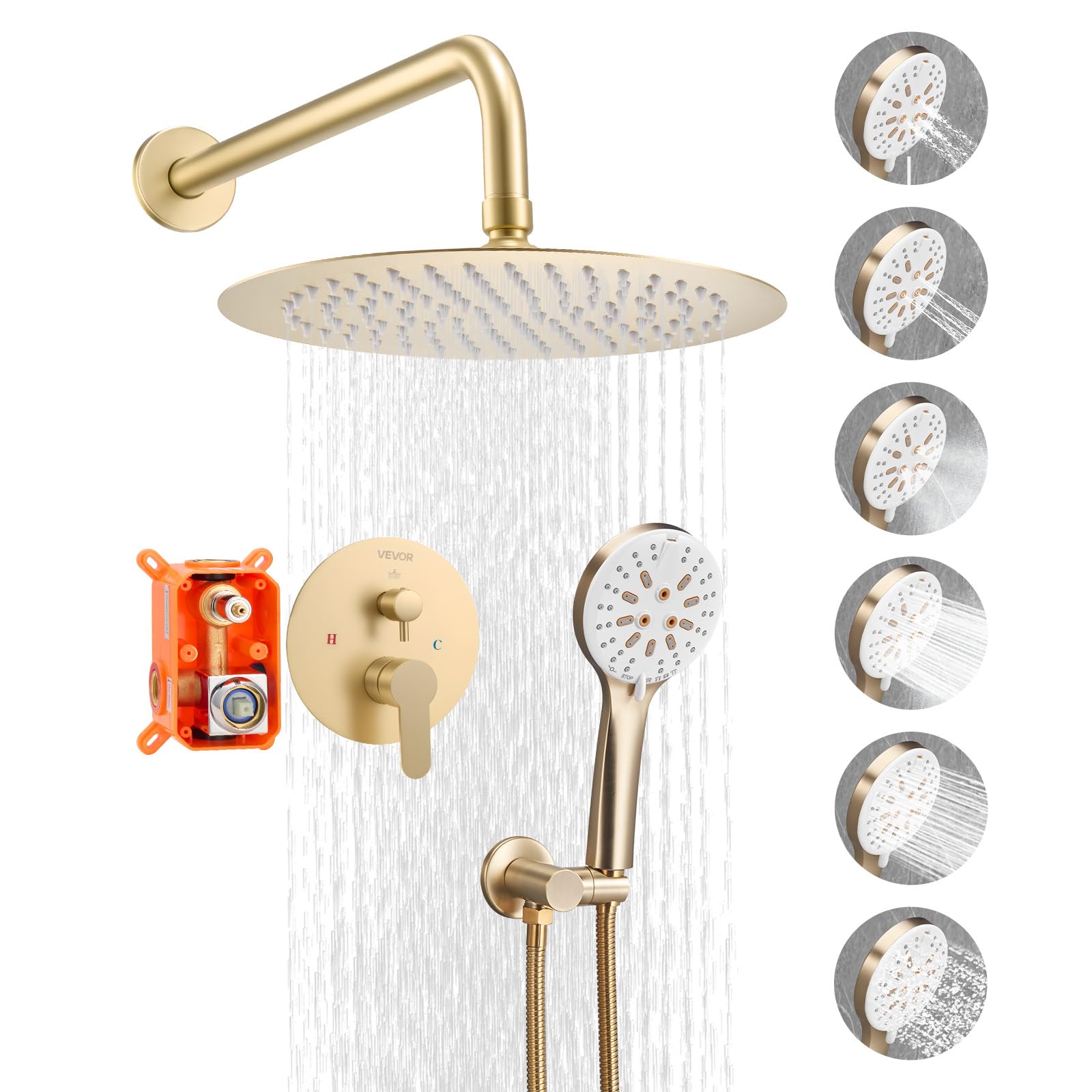 VEVOR Sistema Doccia a Pioggia per Bagno con Soffione Tondo 254 mm e Doccetta, Set di Rubinetti da Doccia a Parete, con Valvola in Ottone e Kit di Finitura, Rubinetto Doccia, Oro Spazzolato