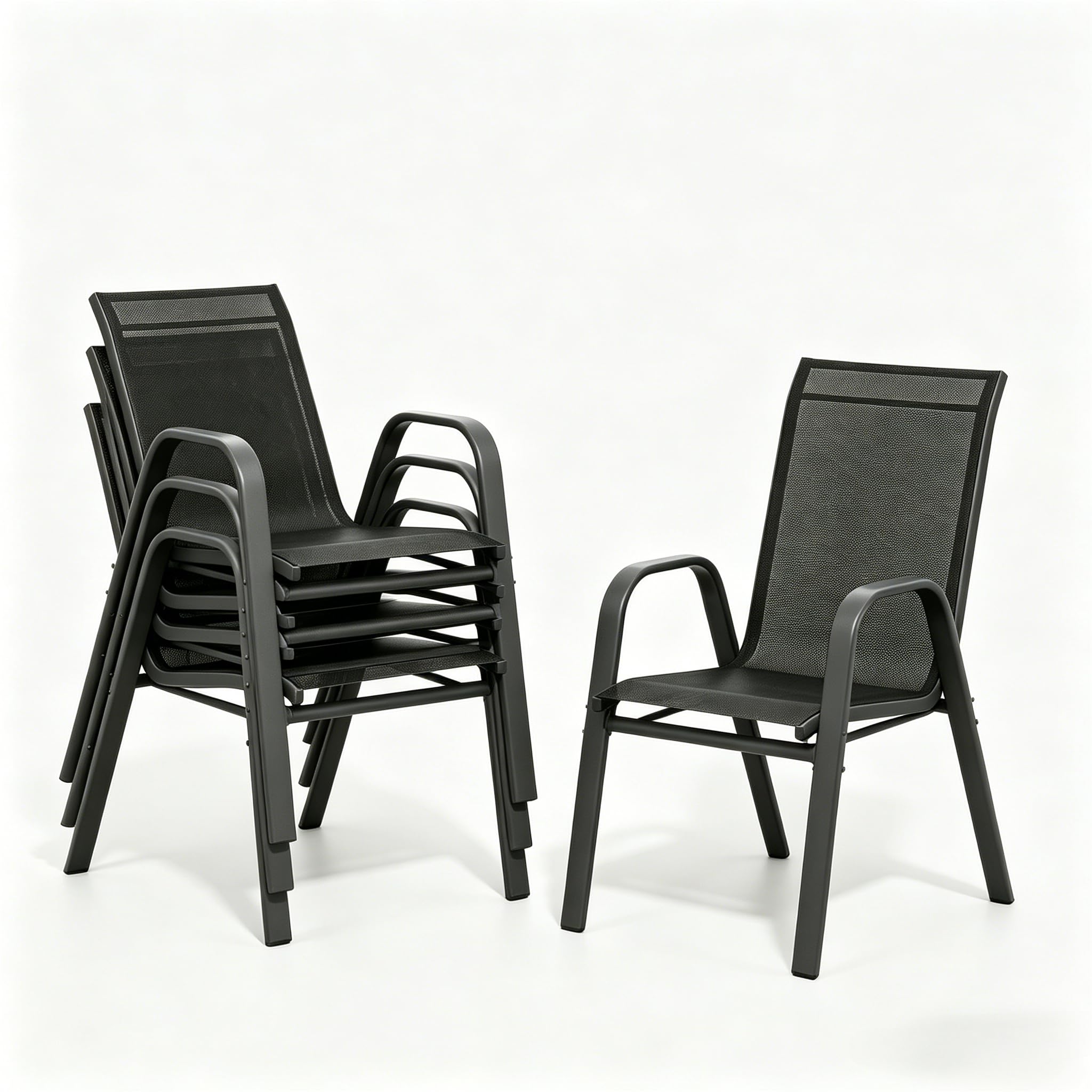 4er Set Stapelbare Gartenstühle, Komfortable Outdoor Hochlehner Aus Metall Mit Atmungsaktivem Textilene, Wetterfest, Rostbeständig, Mit Polsterung Ideal Für Terrasse, Balkon & Garten, Schwarz