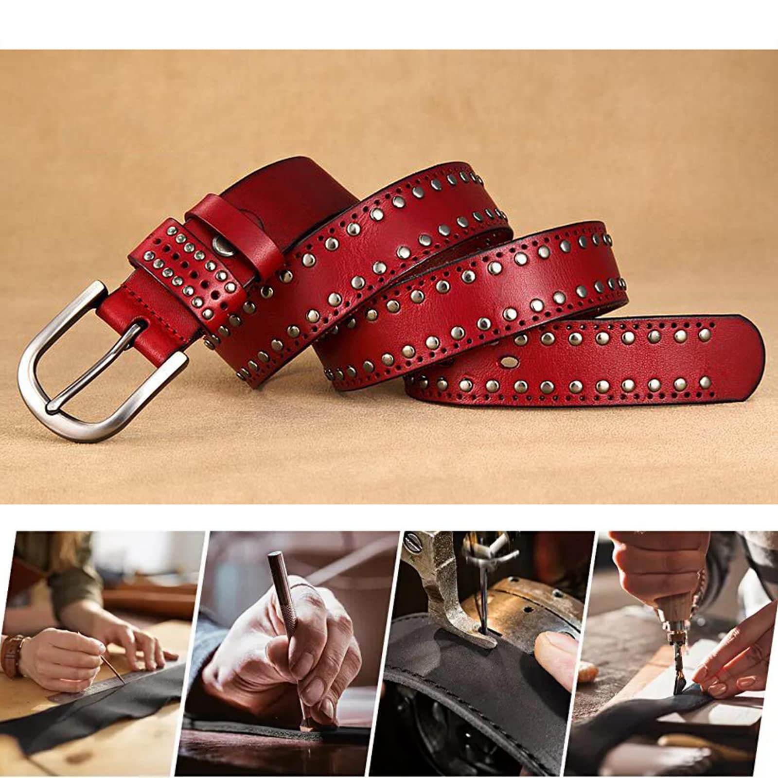 Ceinture en Cuir pour Femme, Rivets Ronds, véritable Cuir de Vache, Style Punk Rock, cloutée, avec Boucle résistante aux Rayures, pour Jeans (95 cm, Taille : 30 à 32 Pouces, Rouge)