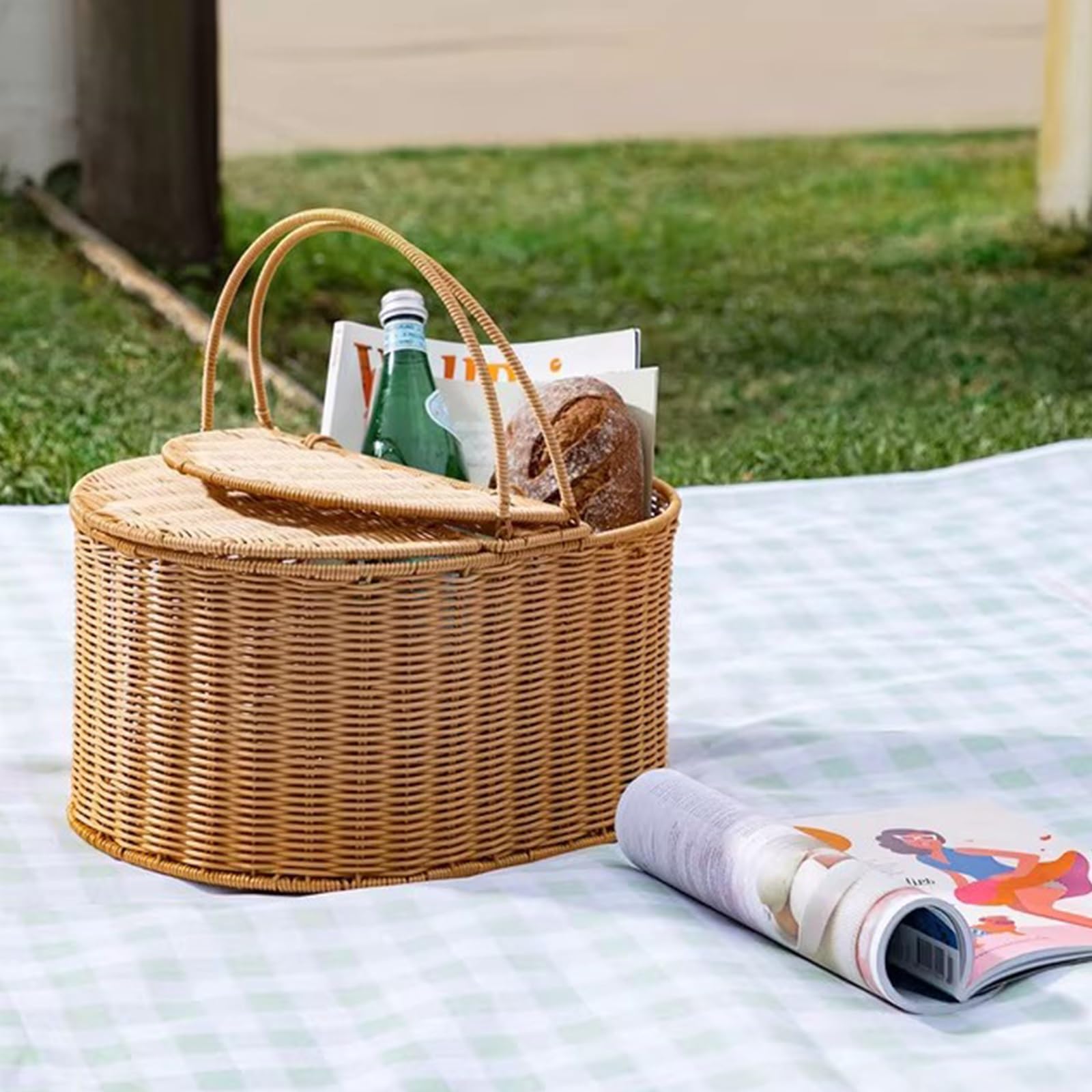 Cestino Picnic in Rattan Intrecciato a Mano,Cestino con Manico, Adatto for Picnic in Famiglia, Gite in Campeggio