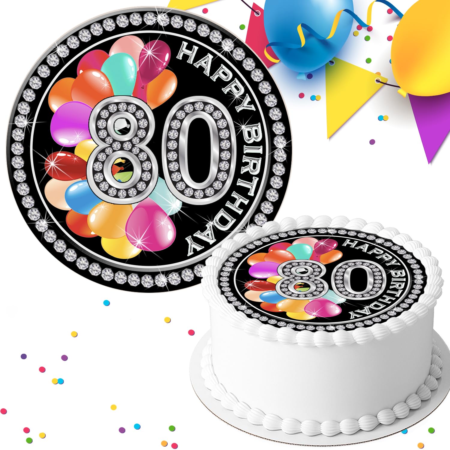 Cannellio Cakes Multicoloured Age 80 80Th Birthday Colourful Balloons With Diamond Border Pre-Cut 7.5 Inch Edible Icing Cake Topper Decoration