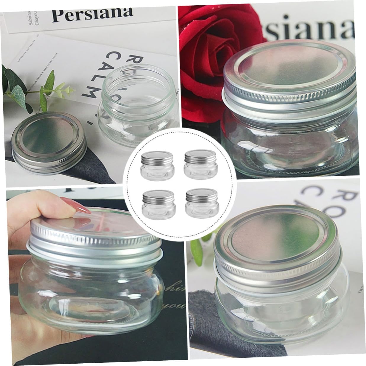 Healifty 4pcs 150ml Glass Candy Jar with Aluminum Lid Flat round Christmas Candy Storage Container Compact DIY Storage for Holiday Party