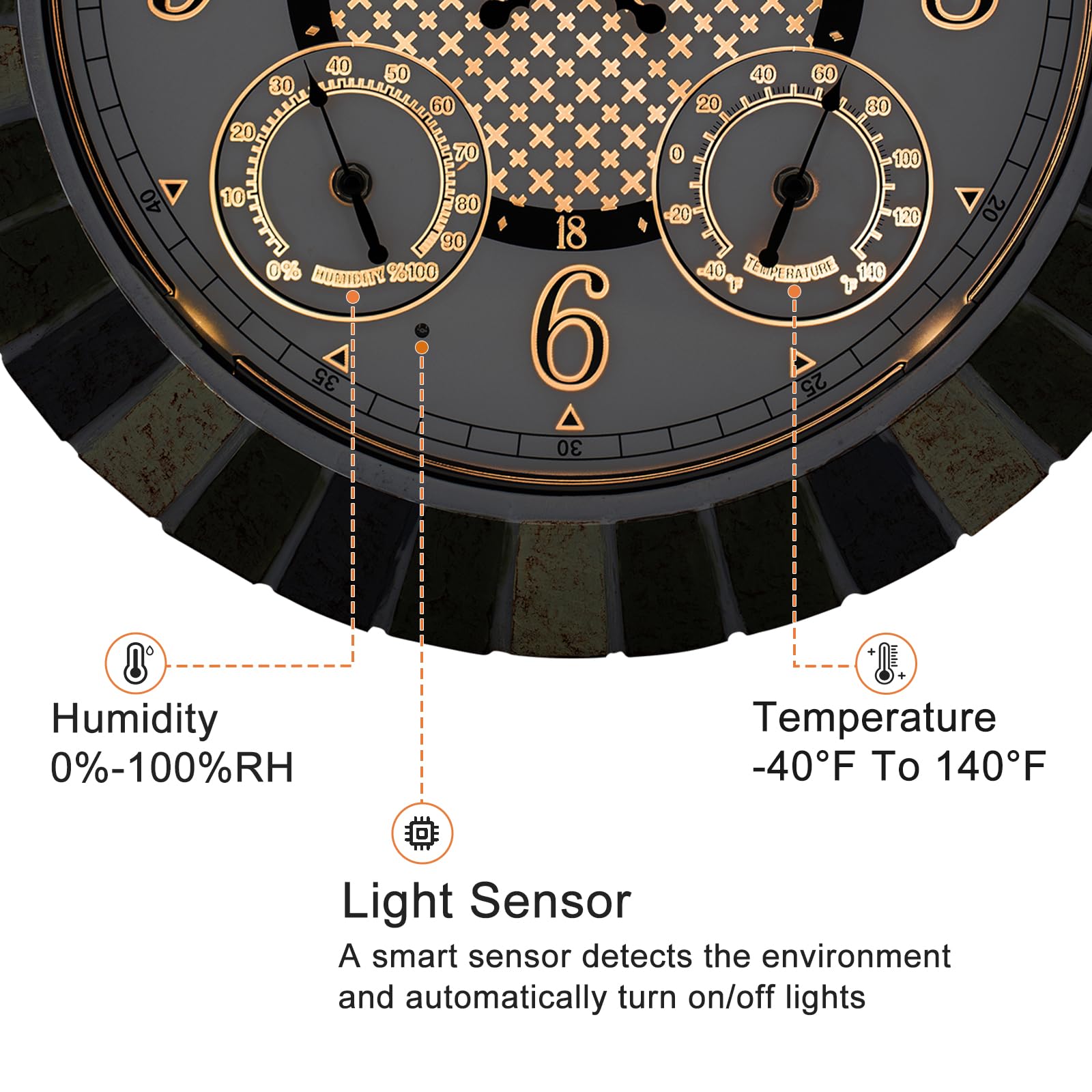 OCEST Reloj grande de 18 pulgadas para exteriores, impermeable, termómetro, higrómetro, luz nocturna, relojes de pared iluminados, funciona con pilas, silencioso, sin tictac, ideal para patio, jardín