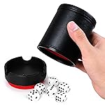 Dice Cup with Lid, PU Leather and Felt-Lined, Quiet Shaker for Yahtzee Farkle Dice Board Games, Set of Six 16mm Dice Included