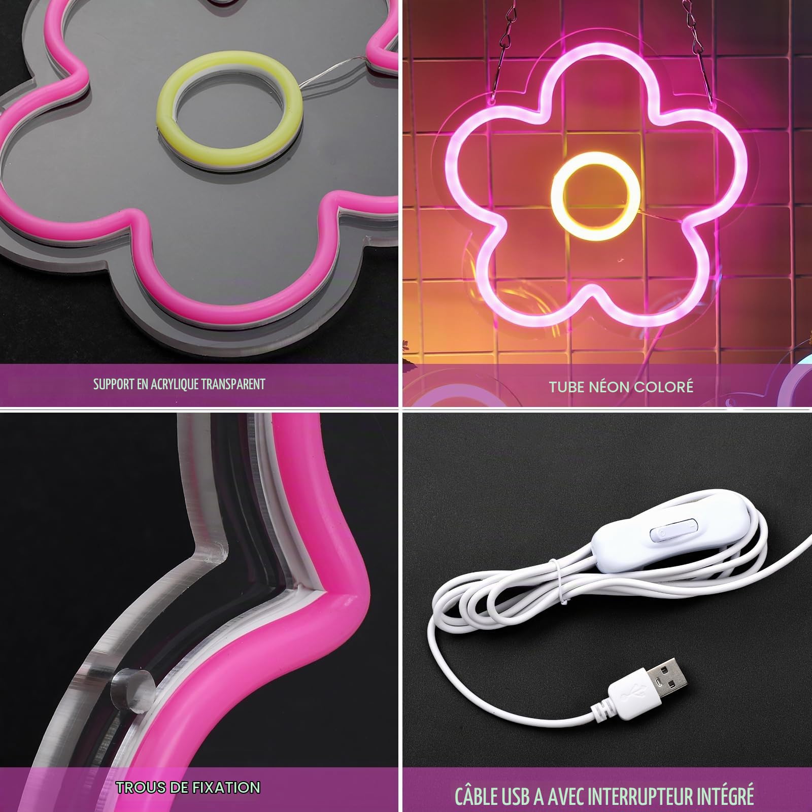 Baquler Lot de 3 panneaux lumineux néon rétro alimentés par USB pour décoration murale, fenêtre, chambre à coucher, maison, fête d'anniversaire de fille, 22,9 x 22,9 cm (classique)