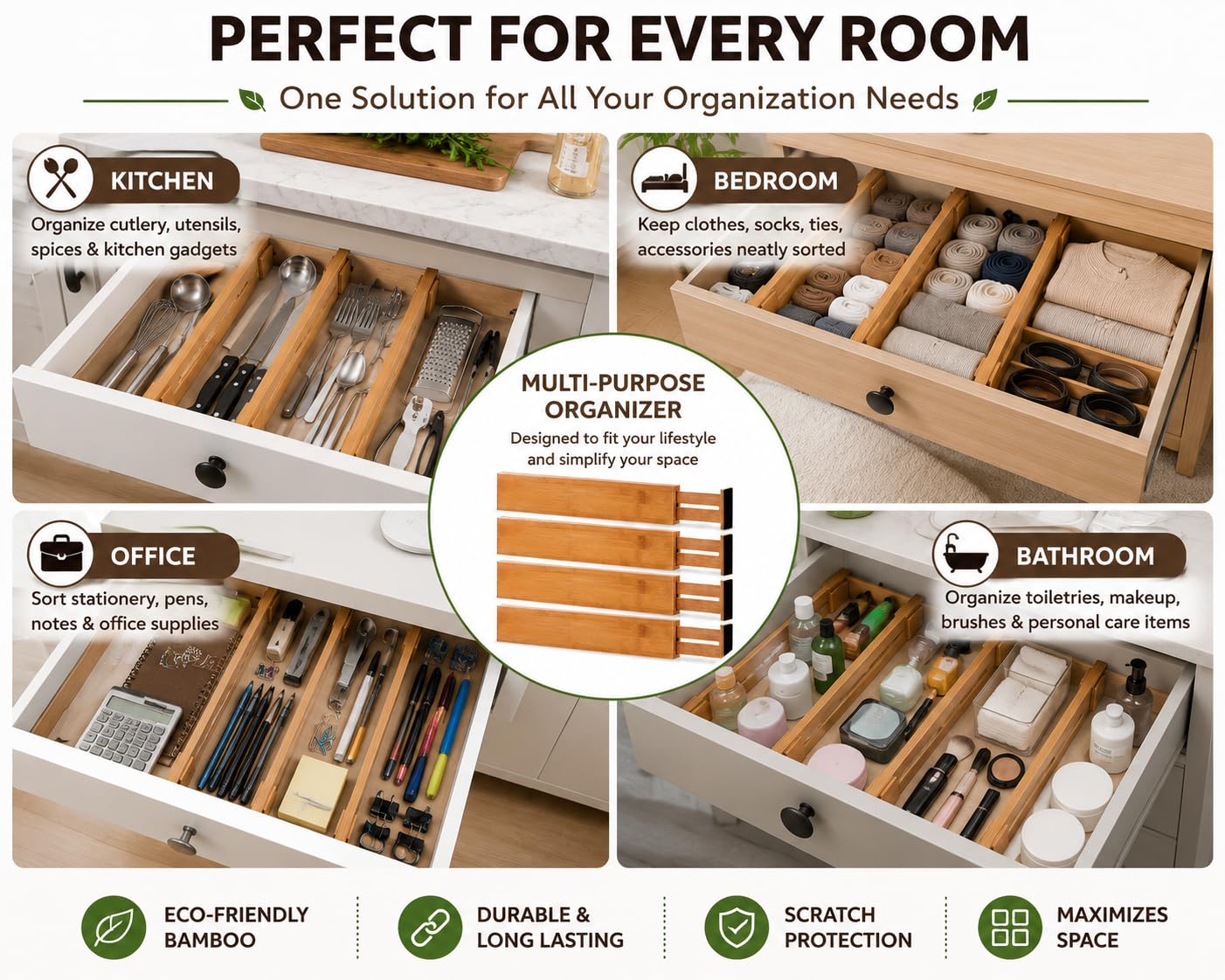 Zollyss Drawer Divider, Bamboo Expandable Drawer Organizers Set of 4, Adjustable Drawer Separators for Kitchen, Dresser, Bedroom & Office, Fits 17-22 Inch Drawers, Natural — Amazon image 5