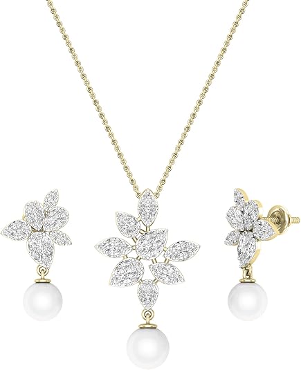 Dazzlingrock 14K Gold Pearl & Diamond Pendant & Earrings Set 💎