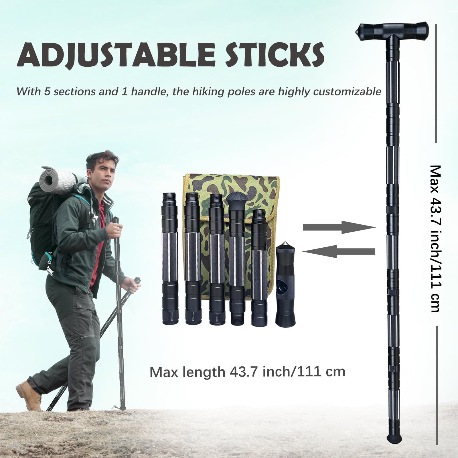Bastones de senderismo para viajes, caminar, bastones portátiles para caminar al aire libre, equipo de camping para hombres y mujeres