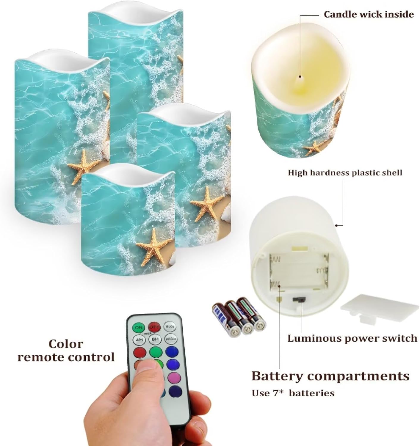 Cozeyat Beach Wave Flameless Candles Set of 4 Battery Powered LED with Remote Timer Flickering for Home Garden Table Beach Decoration