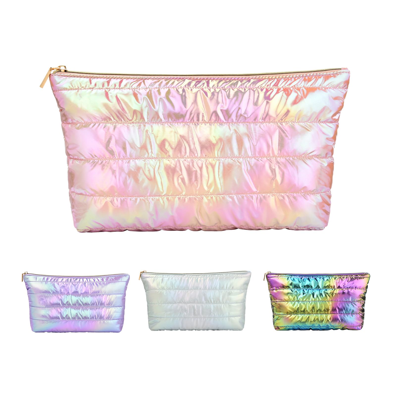 Hiroyuki Iridescent Makeup Bag, 14 inches Cosmetic Bag, Large Capacity Travel-Friendly Pouch (plain, pink)