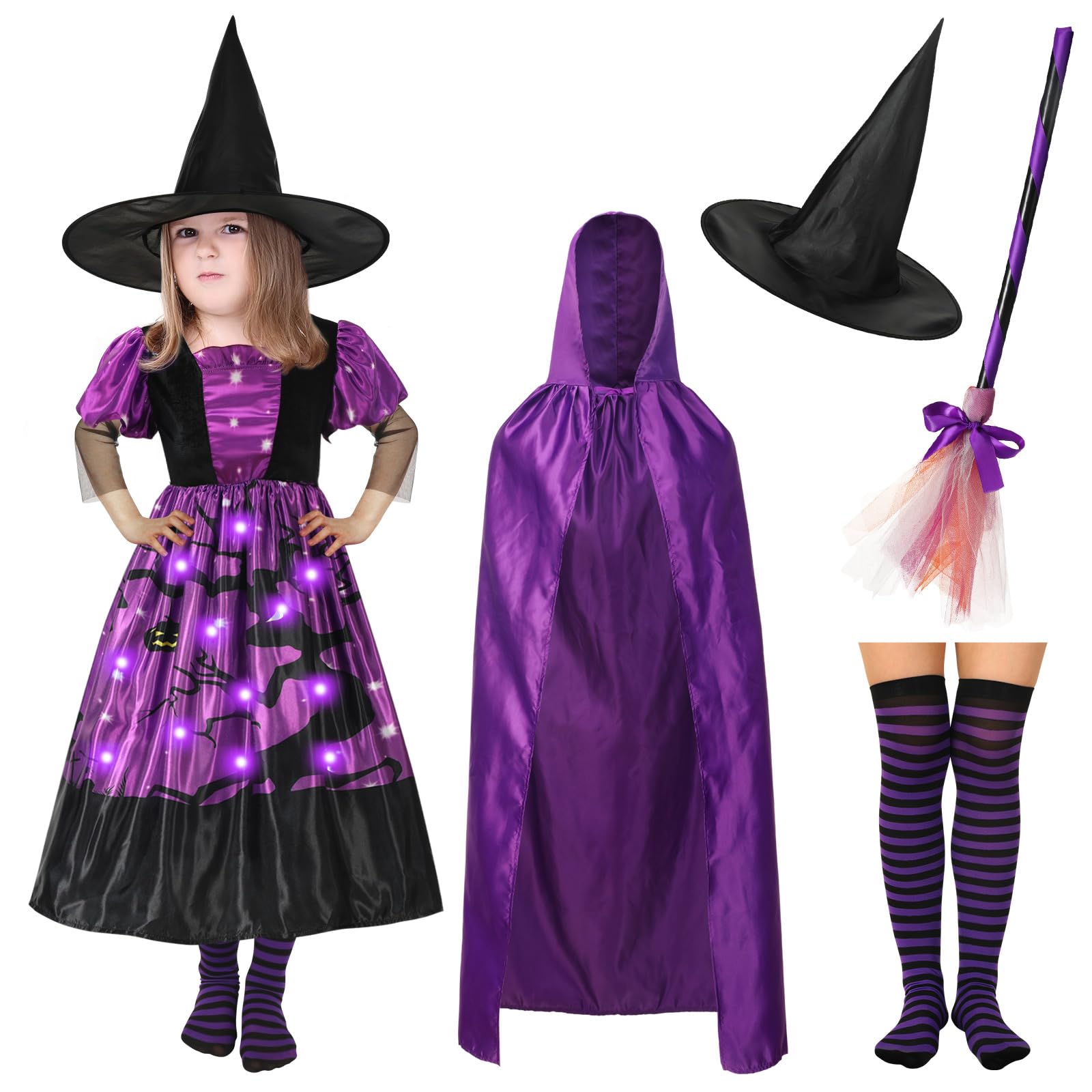 Ramede 5 Pcs Girl Halloween Witch Costume Set Light up Witch Dress Broom Cloak Hat Sock for Treat or Trick Party