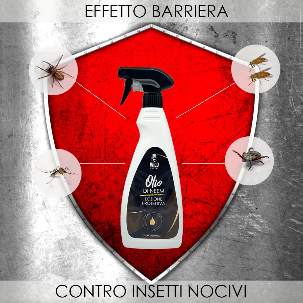 Wild Horses | Olio di Neem, Lozione Spray Repellente Zanzare e Antiparassitario per Cavalli, 100% Naturale, 500ml, Made in Italy