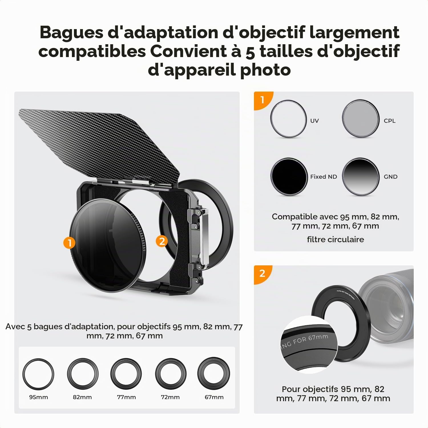 K&F CONCEPT Matte Box et Black-Mist 1/4 avec 2 Cadre et 5 Adaptateurs | Kit,Bagues 67/72/77/82/95mm,Sac inclusFM703