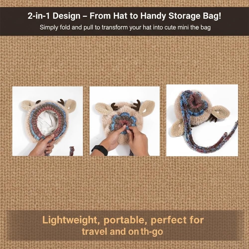 Generisch Cappello creativo 2 in 1 con corna, cappello natalizio lavorato a maglia con renna, caldo, pieghevole, con paraorecchie in peluche
