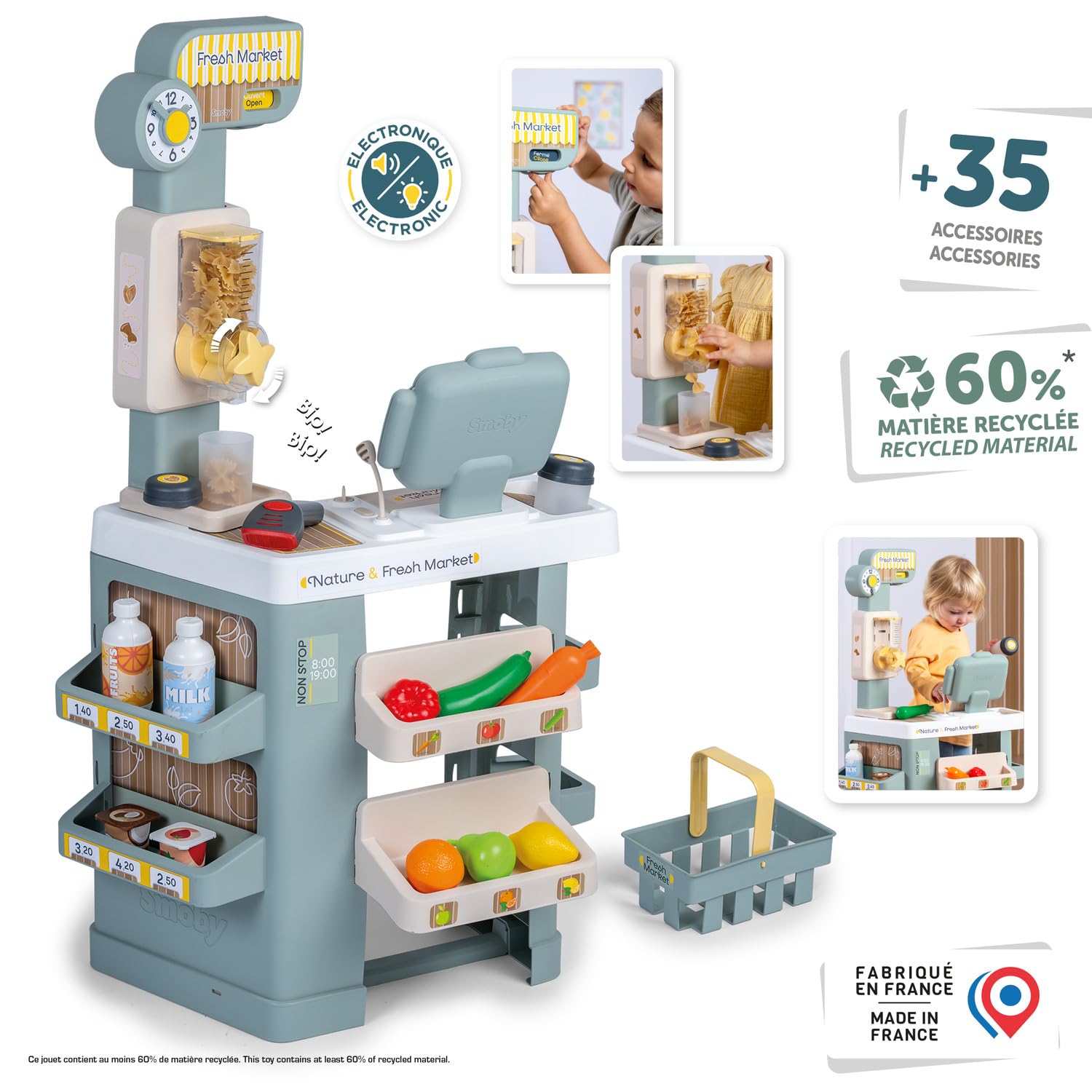 Smoby - Nature & Fresh Market - Marchande Enfant avec Caisse Enregistreuse - Scanner Sons et Lumières - 35 Accessoires Inclus - Dès 3 Ans - Fabriqué en France