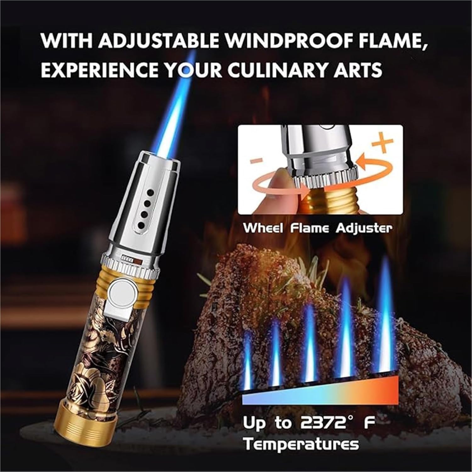 Refillable Large Flame Lighter, Adjustable Jet Flame, Butane Lighter with Safety Lock Fireblaze Electric Lighter, for Kitchen Cooking Creme Brulee, Desserts, Grilling and Baking Candle Camping(2pack S