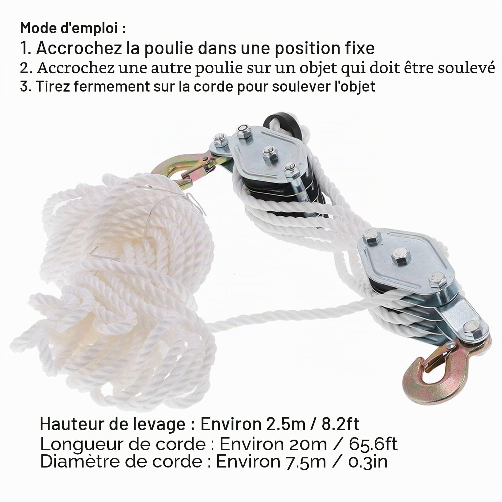Palan à 4 Voies, Hauteur 2,5 m, Charge Max 2000 kg, câble et Corde en Nylon, poulie de Levage avec Crochet en Acier galvanisé