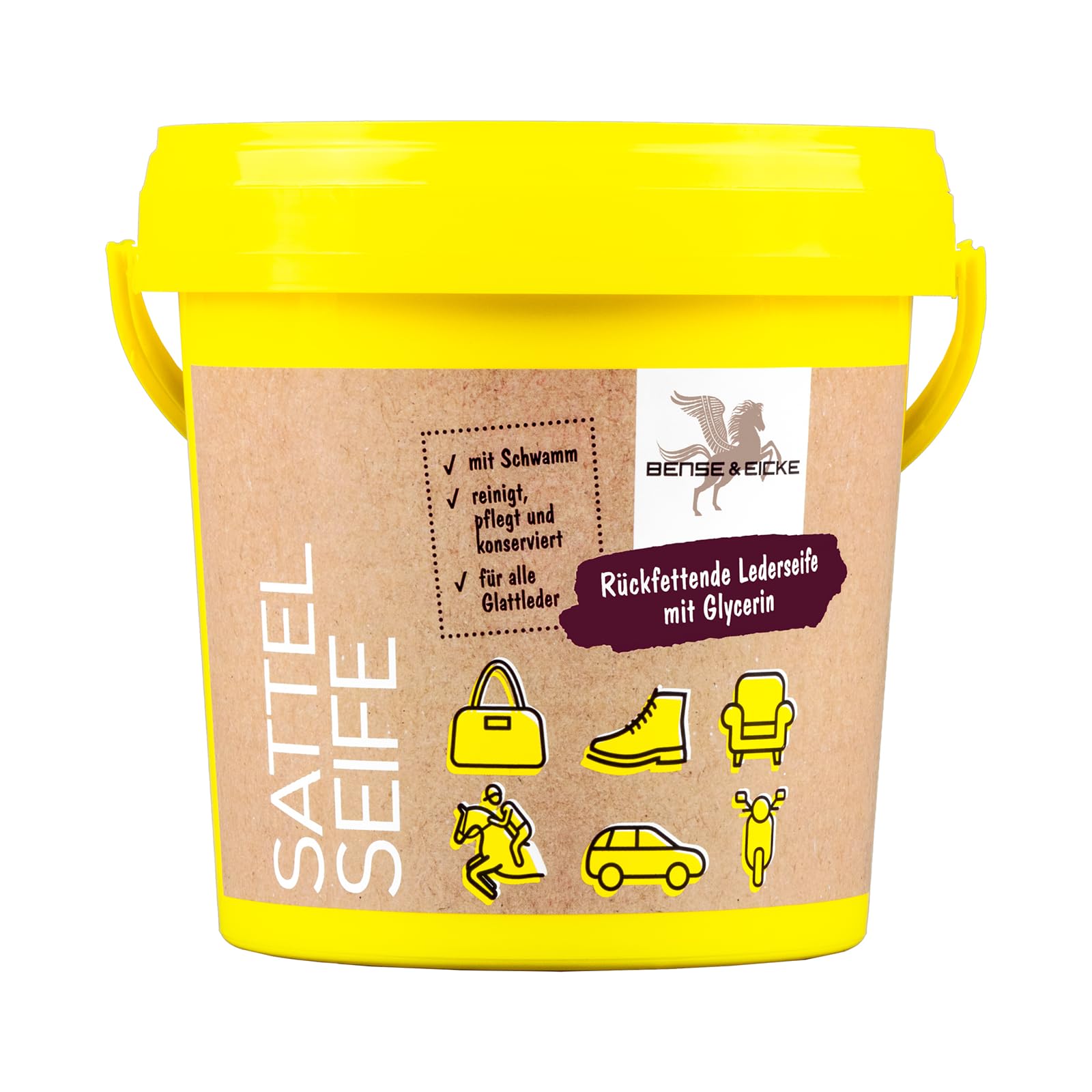 Bense & Eicke Sattelseife mit Schwamm - rückfettende Lederseife mit Glycerin, reinigt, pflegt und konserviert Sattel und Lederzeug, B & E, 1000ml