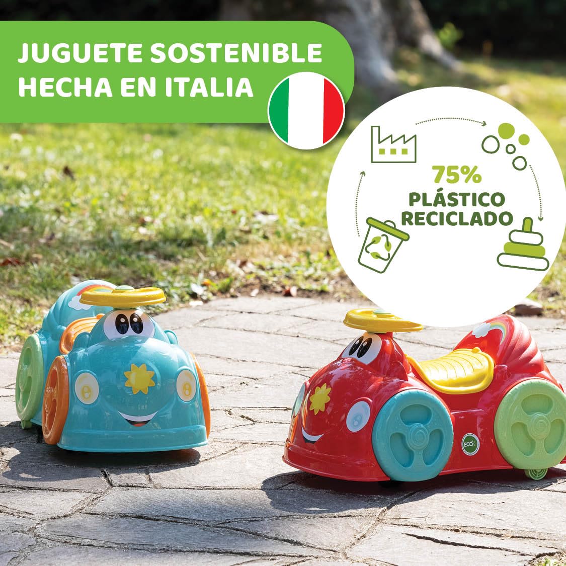 Chicco All Around, Eco+ Rojo, Correpasillos para Niños 1 a 3 Años (Máx. 20 kg), Fabricado en Italia, 75% Plástico Reciclado, Ruedas Giratorias, Claxon Mecánico, Almacenamiento, Pegatinas Incluidas