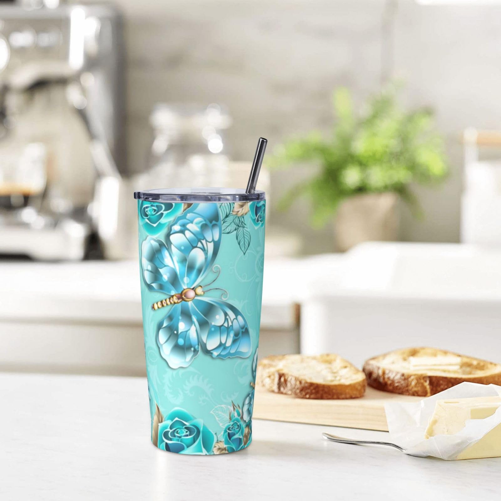 Tazza termica portatile della tazza dell'automobile della tazza dell'acciaio inossidabile stampata blu chiaro della farfalla