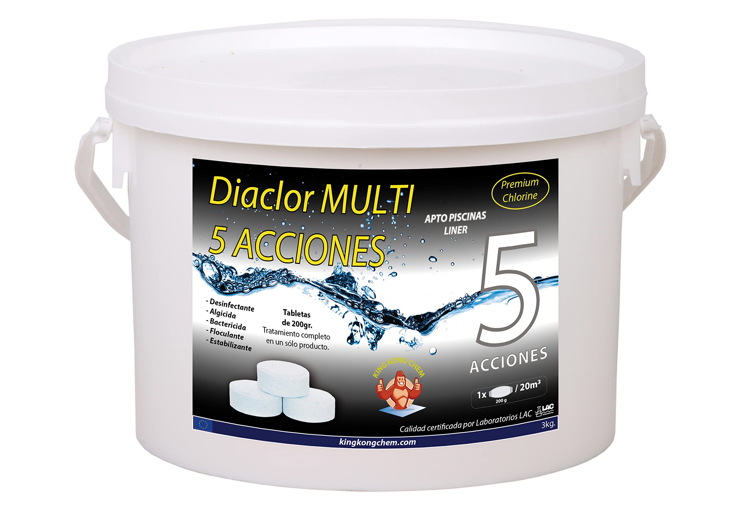 Cloro para Piscinas DIACLOR Multi 5 ACCIONES 3 KG - Envasado Individual - 15 Pastillas de Cloro Lento (200 gr- 7,5 cm Diámetro) - Tratamiento Completo 5 Efectos - SIN Cobre - DIASA