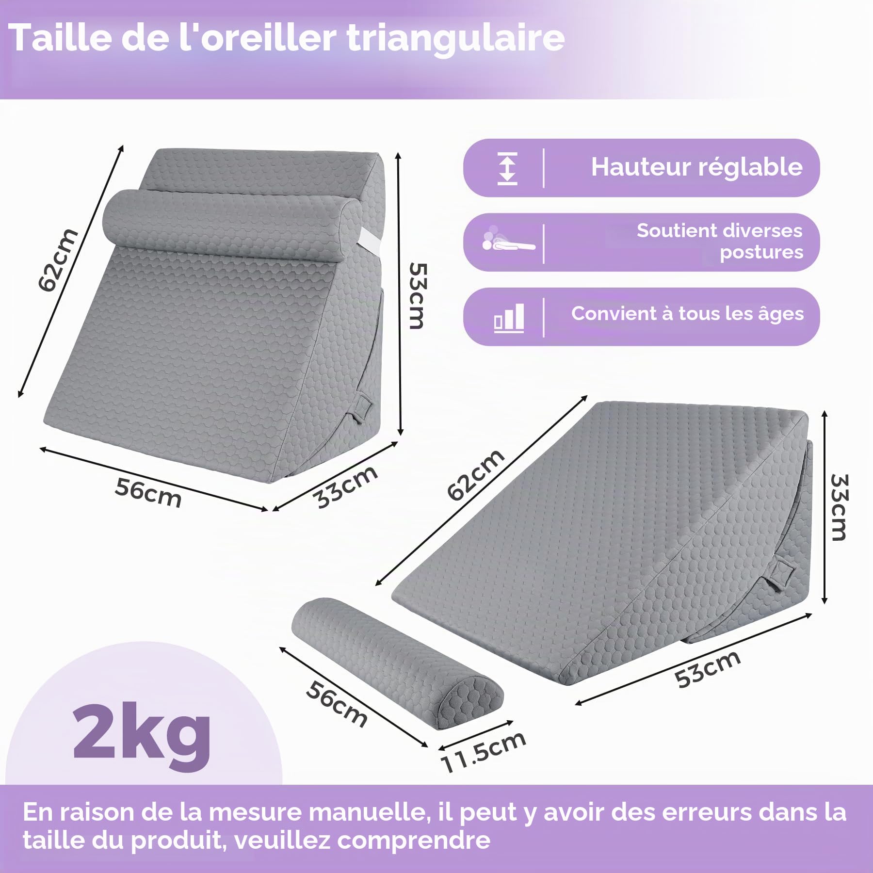Babenest Oreiller de lit orthopédique en forme de coin, ensemble de 3 oreillers triangulaires avec appui-tête pour l'élévation des jambes, après chirurgie, reflux acide, soutien du dos, coussin