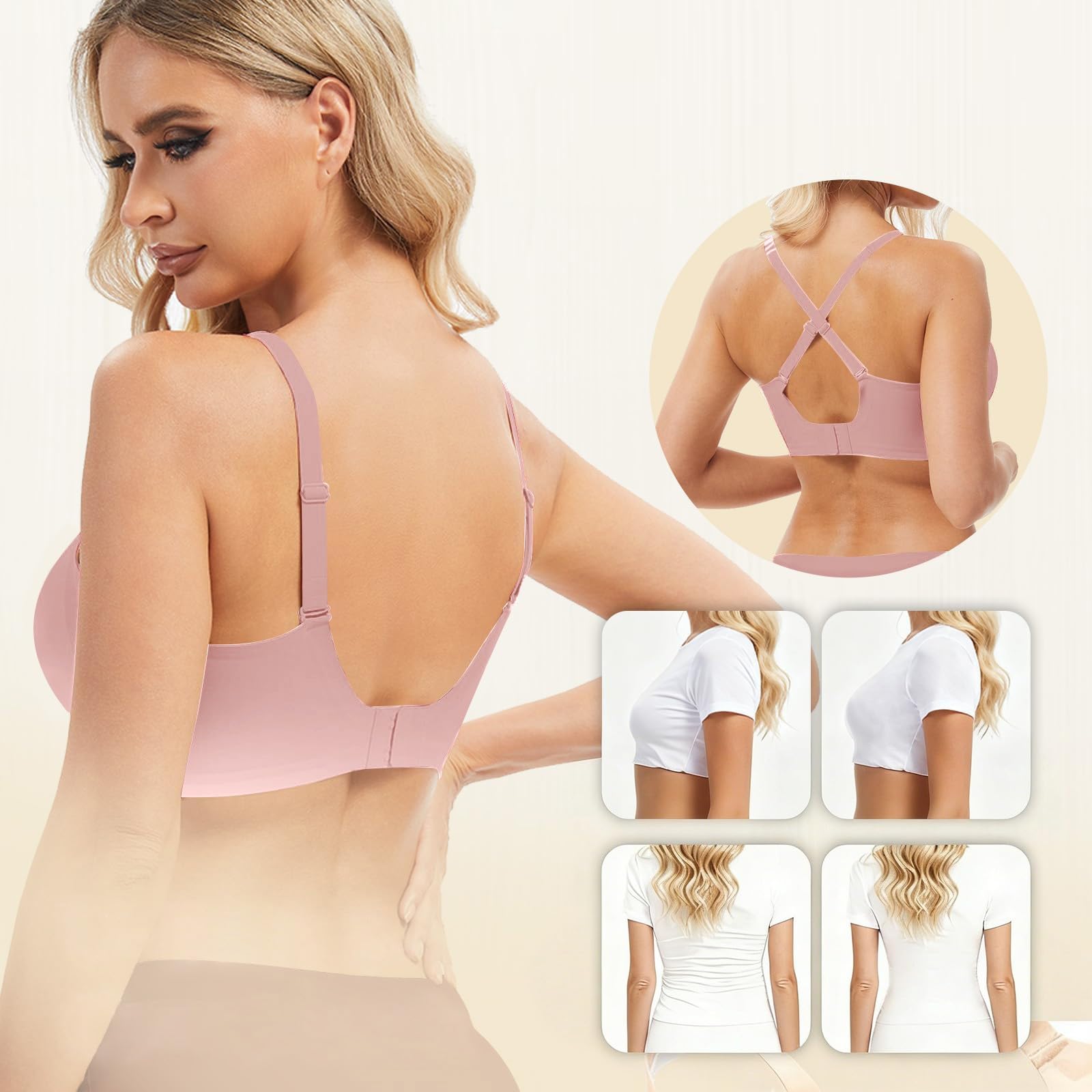 Soutien Gorge sans Armature Push Up Invisible Bralette Col en V Jelly Bra | Brassiere Femme Sans Armature Quotidien Sans Couture Croisé Dos Bretelle Large Réglables Soutien-Gorge Grande Taille S-4XL