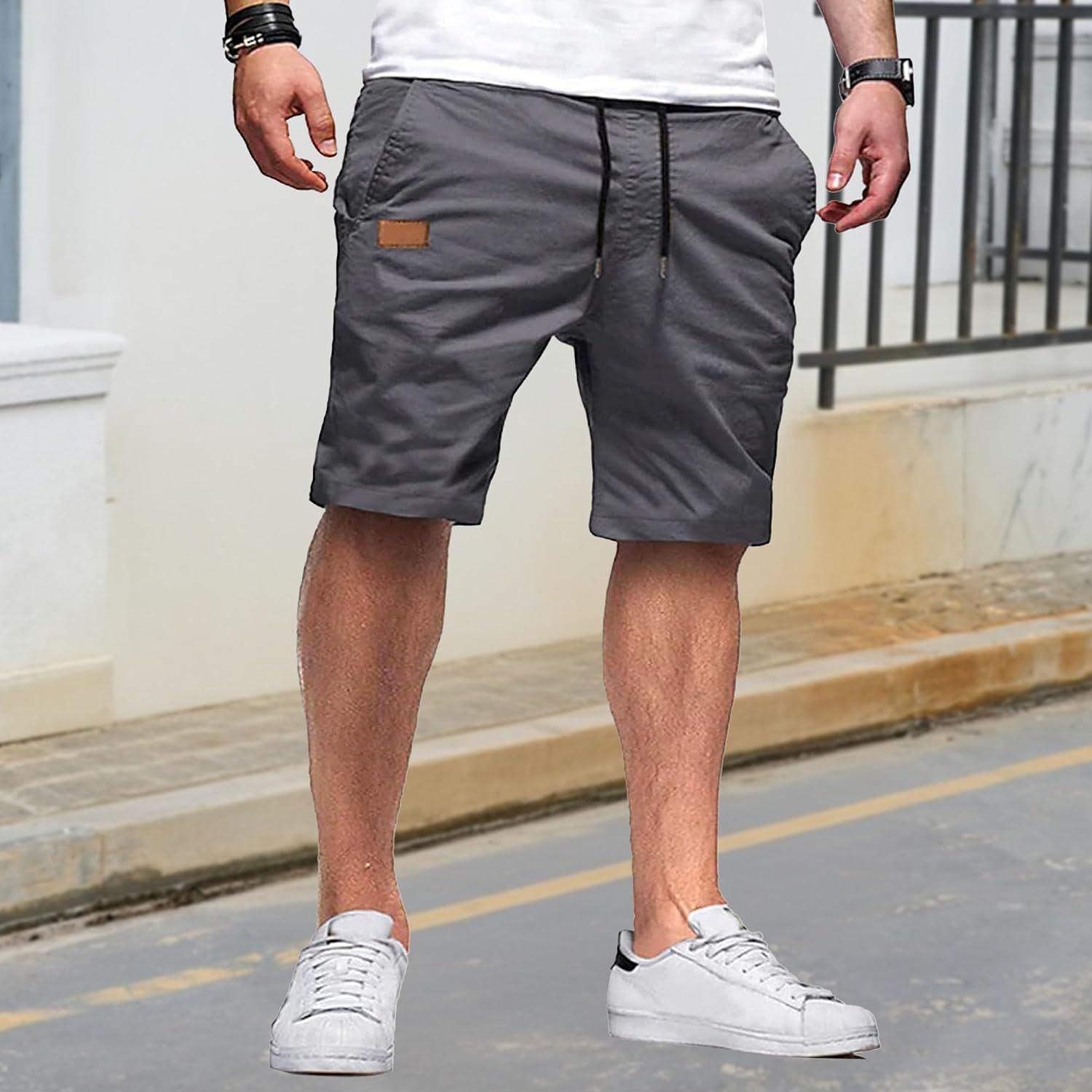 Maiyifu-GJ Men's Cotton Cargo Shorts Summer Casual Lightweight Athletic Shorts Elastic Waist Drawstring Hiking Short Pants
