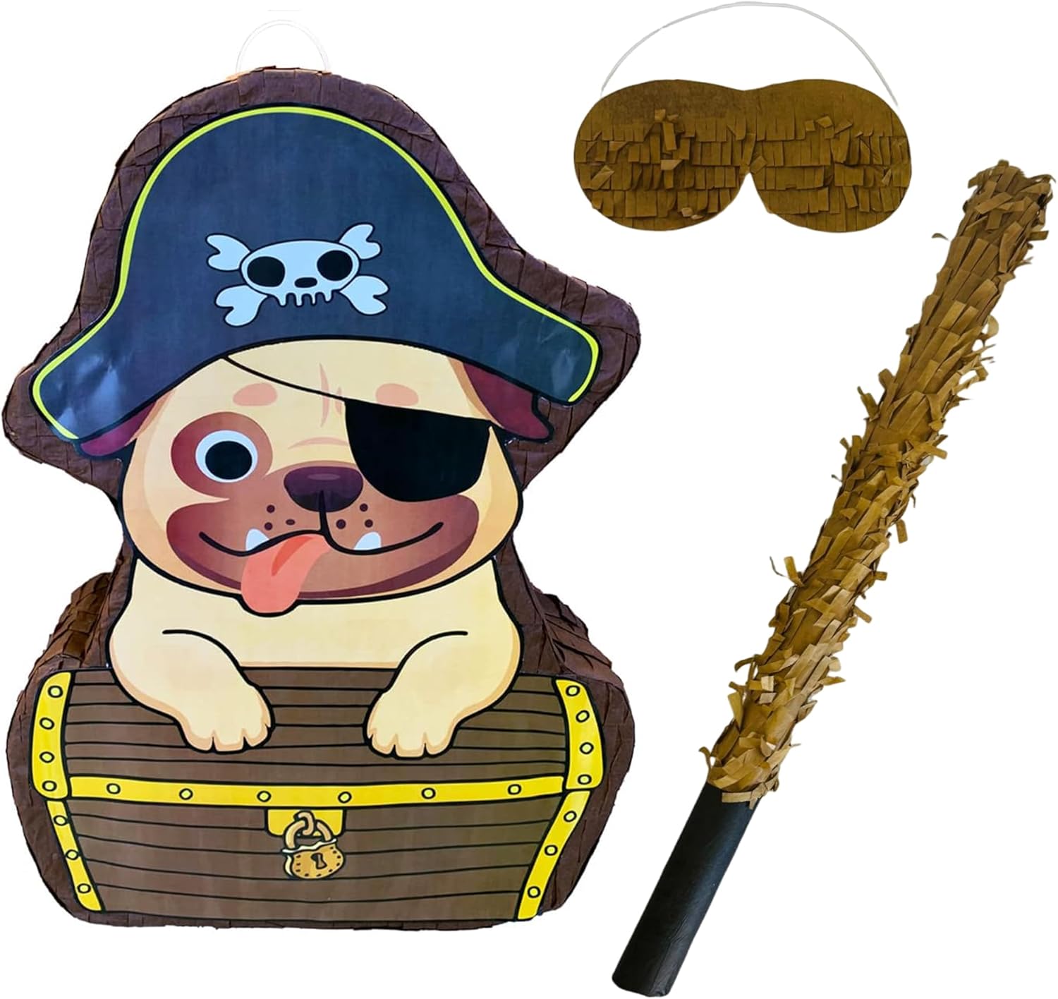 Pirate Dog Pinata Bulk Candy Fill Spill Pinatas - Puppy Party Favor Game for Kids/Boys Birthday Parties Supplies with Blindfold and Batting Stick Pirate Dog Party Event - 16.5 x 12 x 4 In