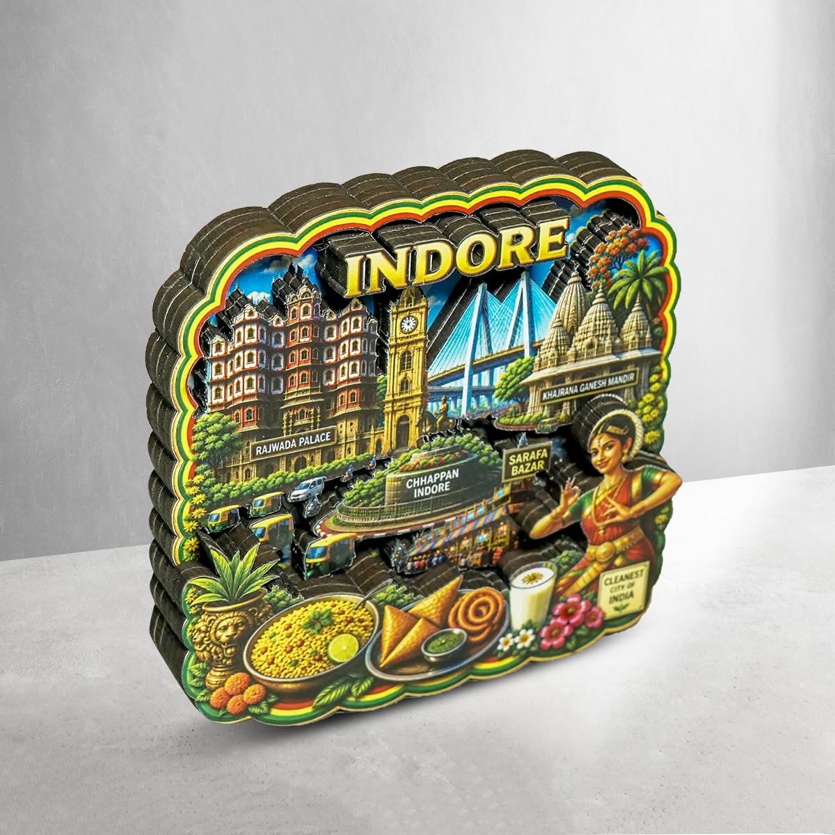 Magnet for Fridge | Wooden Souvenir Fridge Magnet | Travel Memory Keepsake Gift | Multilayerd 3D Refrigerator Decor for Home, Kitchen & Office | Country Theme Souvenir Gift for Family (Indore)-image-31