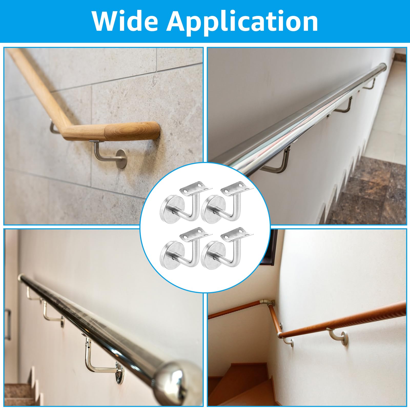 6 soportes para pasamanos de acero inoxidable, 60 x 60 mm, soporte de pared, soporte para pasamanos con roseta, soporte de pasamanos plateado para pasillos, escaleras y baños