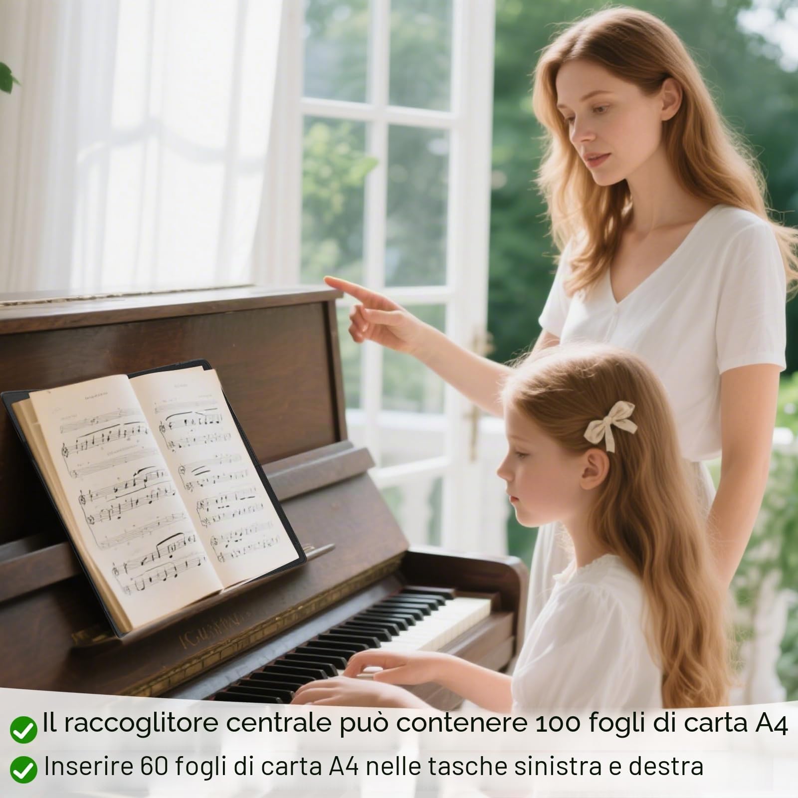 Cartella musicale, cartella per spartiti A4 con cinturino da polso e 30 tasche per coro, recital di pianoforte, in similpelle nera