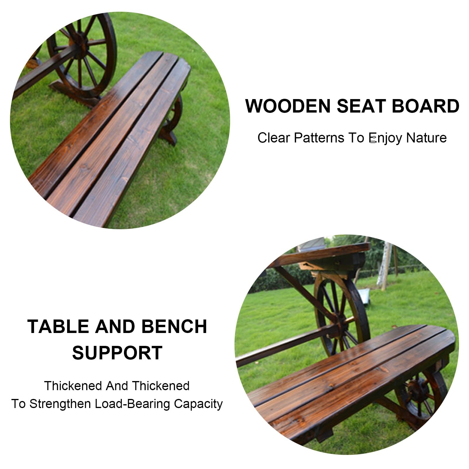 Panche da Esterno, Design Rustico a Ruota di Carro con 2 Panchine e 1 Tavolo, Panca Giardino in Legno di Pino Massello per Parco, Giardino, Cortile, Portico, Prato(140cm/55in)