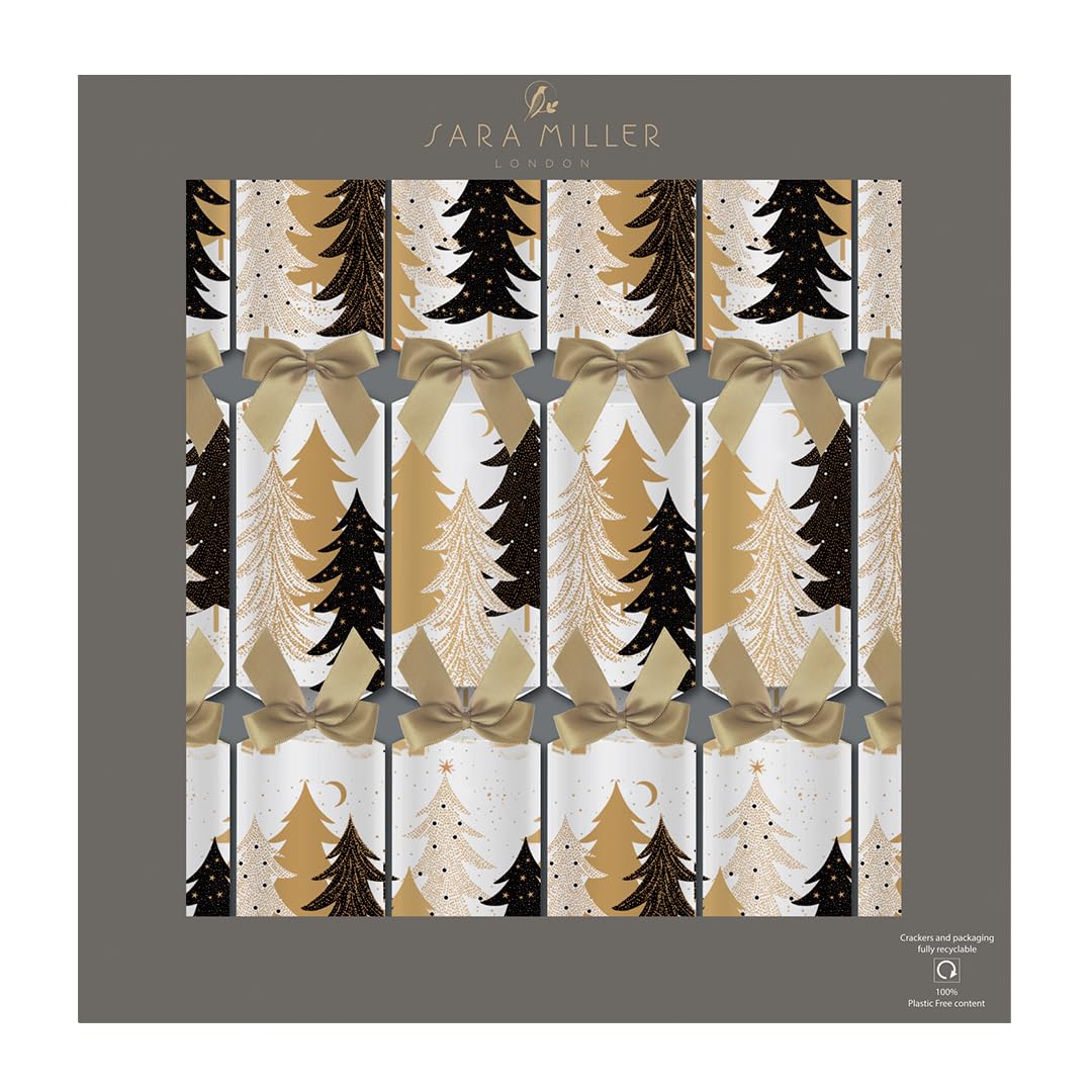Penny Kennedy White, Gold And Black Sara Miller Designed Christmas Crackers - Pine Forest Design - Tray Of 6 X 13 Inch - Eco Friendly Plastic Inside - Luxury Deluxe Christmas Crackers