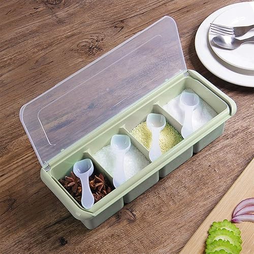 Miniatura 5 de Caja de condimentos de 4 rejillas, varios compartimentos, estante de especias para el hogar, contenedor de condimentos con cucharas para especias,