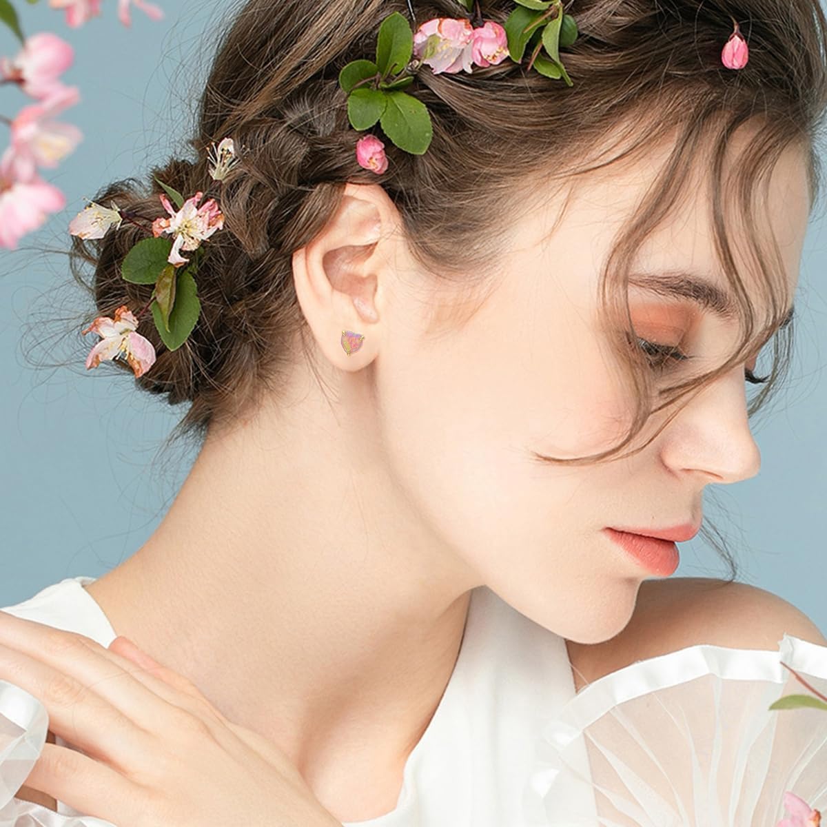 MRENITE Solid 14K Yellow Gold Tiny 6mm Pink Heart Opal/CZ/Pink pearl shell Stud Earrings for Teen/Women, Pink Gemstone Stud Earrings, Lab/Simulated October Birthstone Jewelry Gift for Her (with Push Back) - Image 4