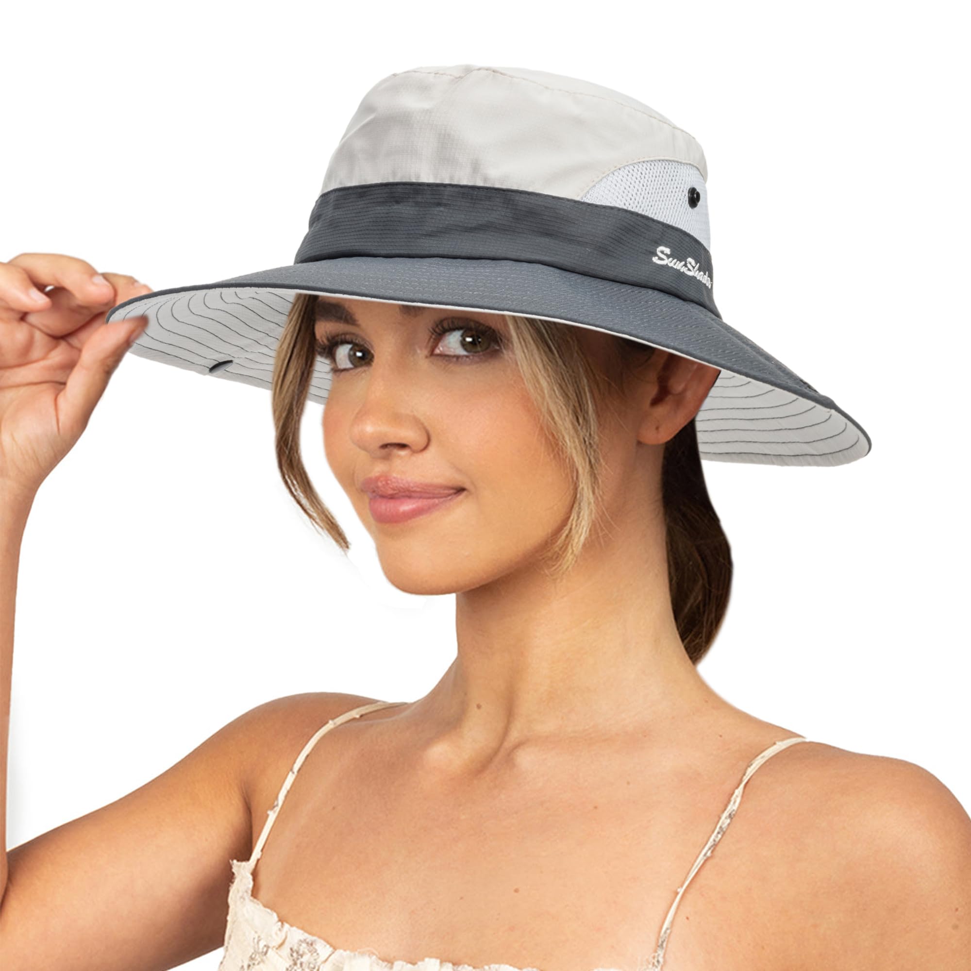 UTOWO Sombrero de sol para mujer, con protección UV, sombrero de playa de ala ancha, sombrero de pesca con agujero para cola de caballo, sombrero plegable y plegable