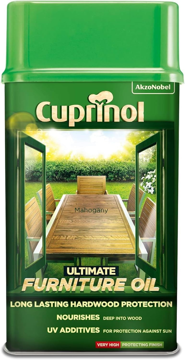 AMKCuprinol Ultimate Garden Furniture Oil 1L Mahogany Natural Protection Anti Weathering Nourishment Outdoor Wood Care Restoration Replenishing Restore