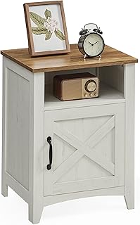 VASAGLE LIRY Collection - Farmhouse Nightstand with Barn Door, Bedside Table with Storage, Side End Table, Night Stand, Open Compartment, for Bedroom, Rustic White and Honey Brown ULET609K41