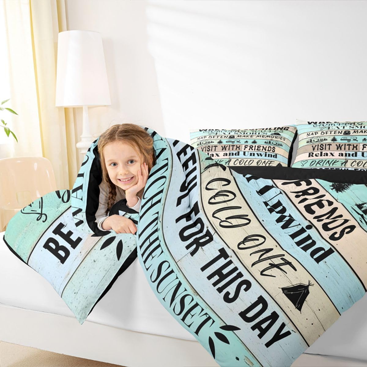 Erosebridal Camping Rules Comforter Set Queen Size, Camper Decor Bedding Set for Travel Trailers, Rustic Farmhouse Bedding Comforter Sets Vintage Wooden Plank Duvet Insert with 2 Pillow Cases
