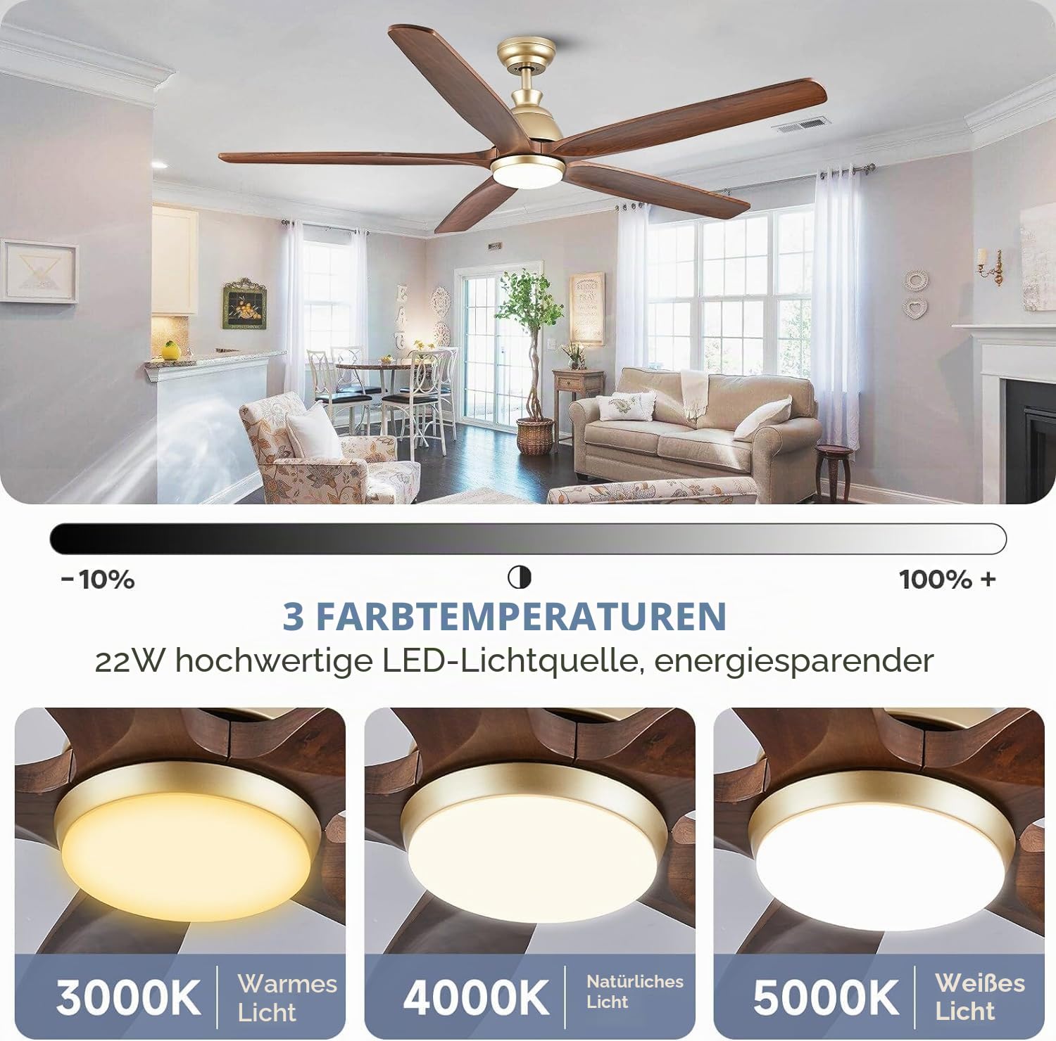 132cm-Deckenventilator mit Lichtern, Flügel aus massivem Holz, moderner goldener Deckenventilator, feuchtigkeitsgeschützter Deckenventilator für Terrassen, leiser DC-Motor, Gold + Walnuss